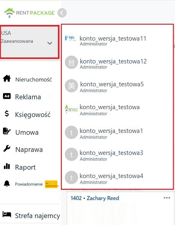 Rozwinięta lista przełączania oddziałów w bloku konta w lewym górnym rogu