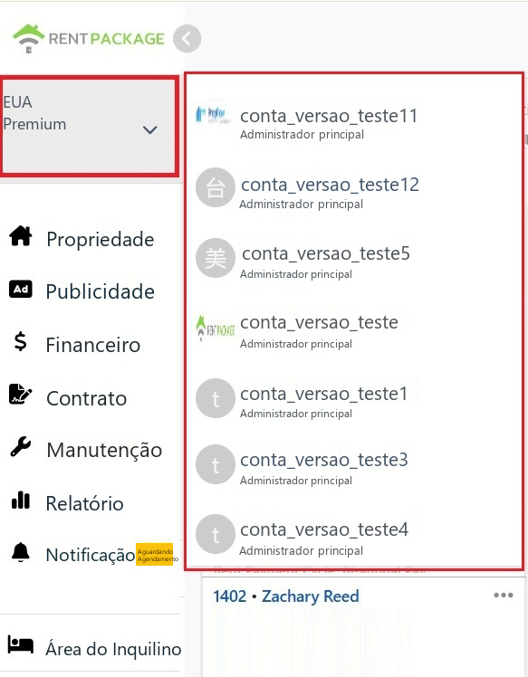 Lista de troca de filial expandida no bloco de conta no canto superior esquerdo