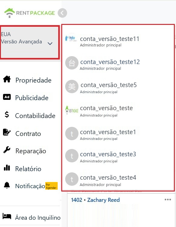 Lista de troca de filial expandida no bloco de conta do canto superior esquerdo