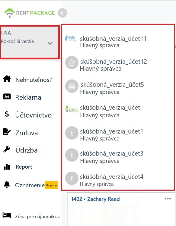 Zoznam pobočiek na prepínanie v rozbalenom účte v ľavom hornom rohu