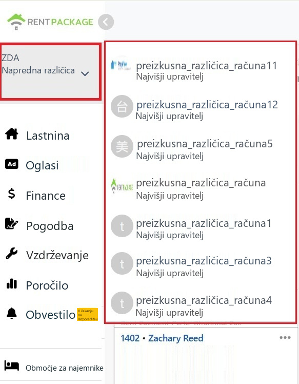 Seznam za preklapljanje podružnic, ki se odpre v zgornjem levem bloku računa