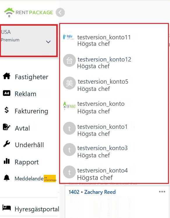 Lista för att växla filialer i kontoområdet längst upp till vänster