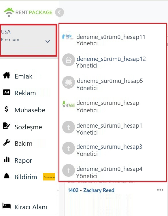 Sol üst köşedeki hesap bloğundan açılan şube değiştirici listesi