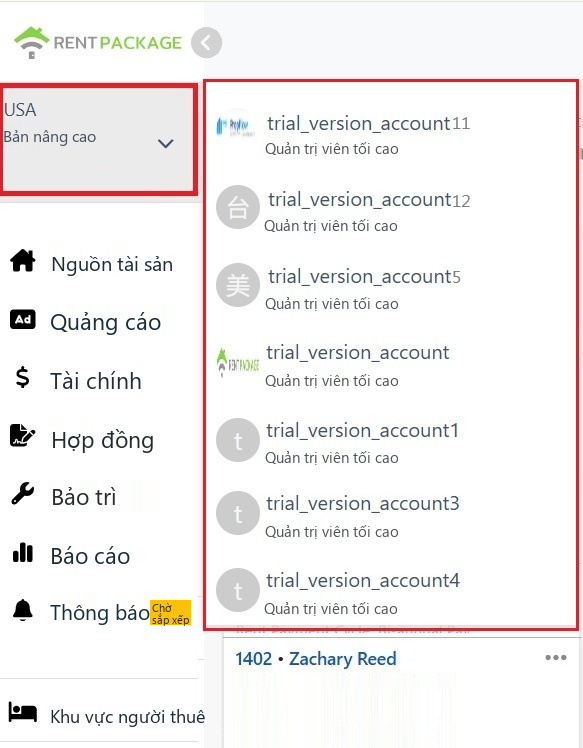 Danh sách chuyển đổi chi nhánh mở từ khối tài khoản phía trên bên trái