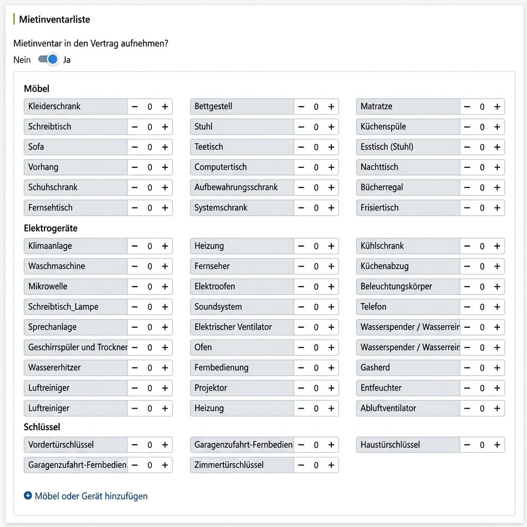 Inventarliste: Möbel, Geräte, Schlüssel einzeln anklicken und Menge auswählen