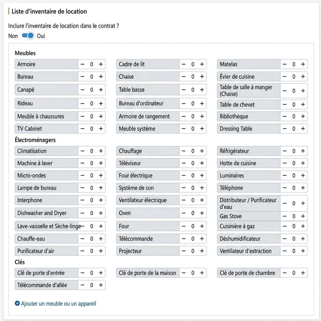 Inventaire des articles loués : sélectionnez individuellement les meubles, appareils, clés et quantités