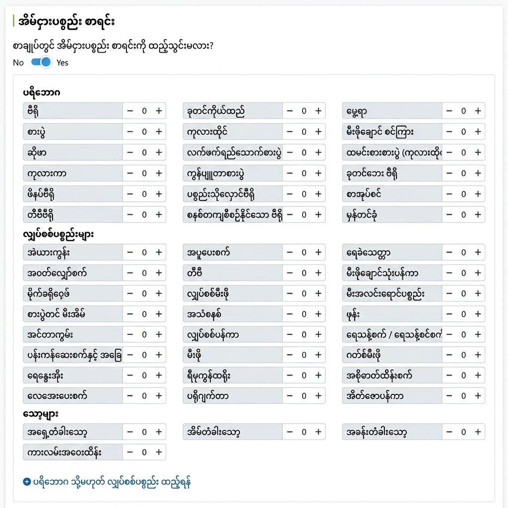 ငှားထုတ်ပစ္စည်းစာရင်း: အသီးသီးပစ္စည်းပမာဏရွေးခြင်း - အိမ်တွင်းပရိဘောဂ၊ လျှပ်စစ် ပစ္စည်းများ၊ သော့များ