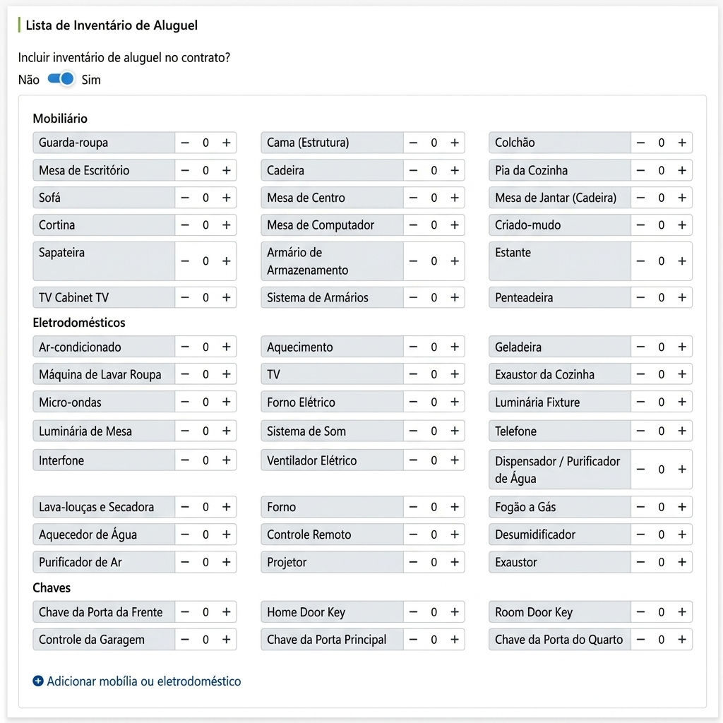 Lista de itens de aluguel: móveis, eletrodomésticos, chaves, selecione quantidades individualmente
