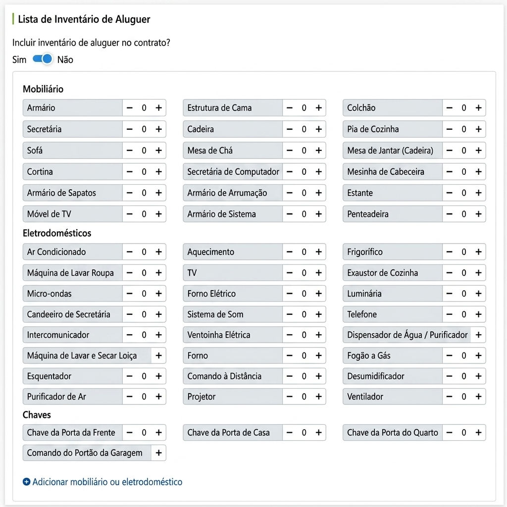 Lista de artigos alugados: móveis, eletrodomésticos, chaves - selecione a quantidade por item