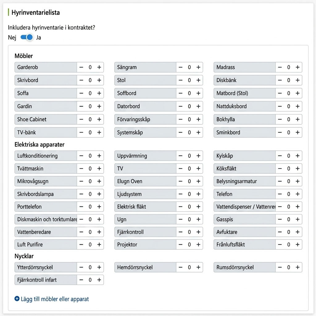 Inventarielista: möbler, apparater, nycklar, välj och klicka på antal