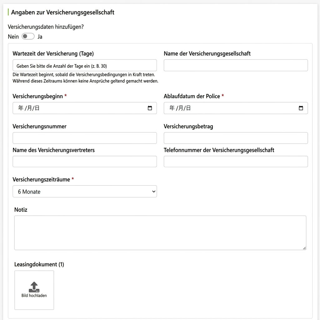 Felder für Versicherungsinformationen