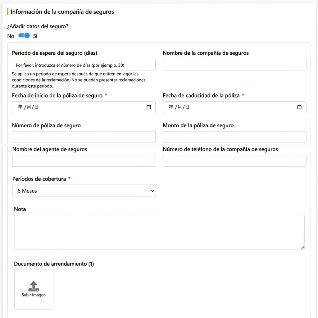 Campos de información de la compañía de seguros