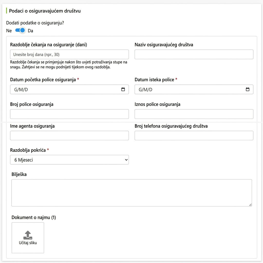 Polja za unos informacija o osiguranju