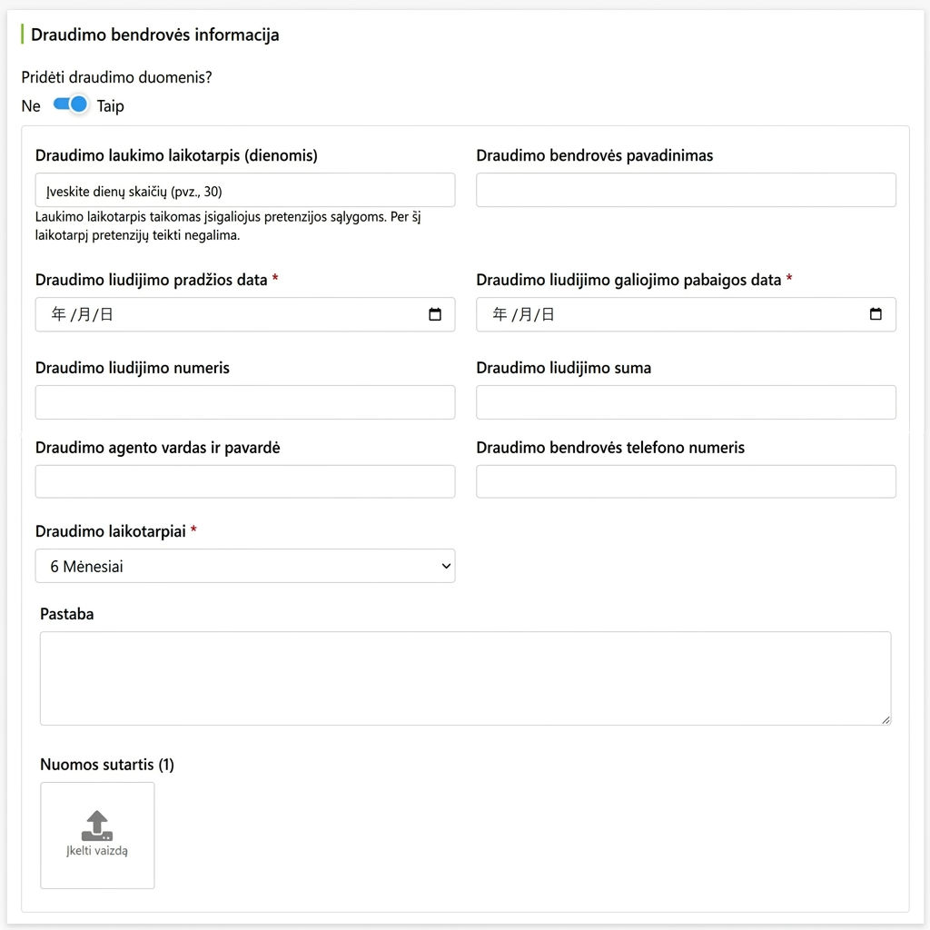Draudimo kompanijos informacijos laukai
