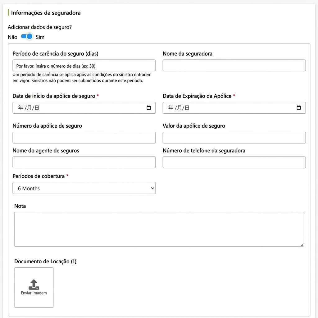 Campos para informações da seguradora