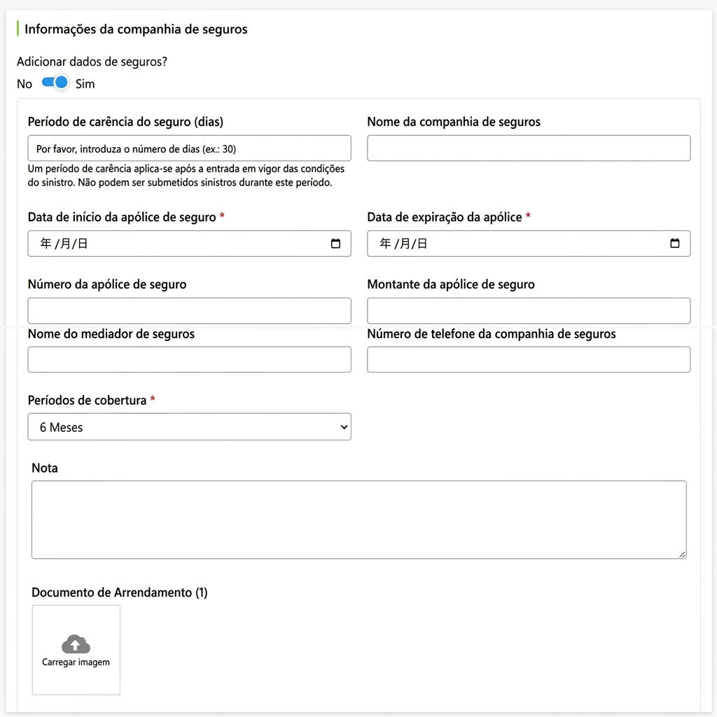 Campo de preenchimento de informações da seguradora