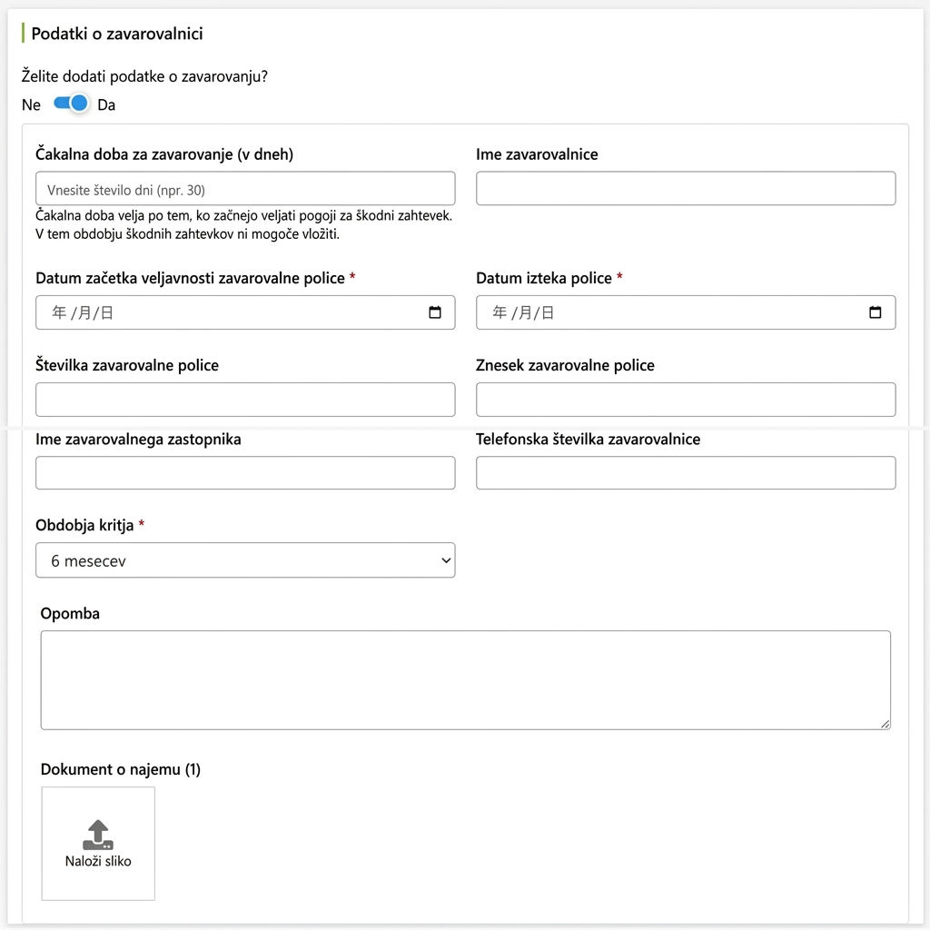Polje za vnos informacij zavarovalnice