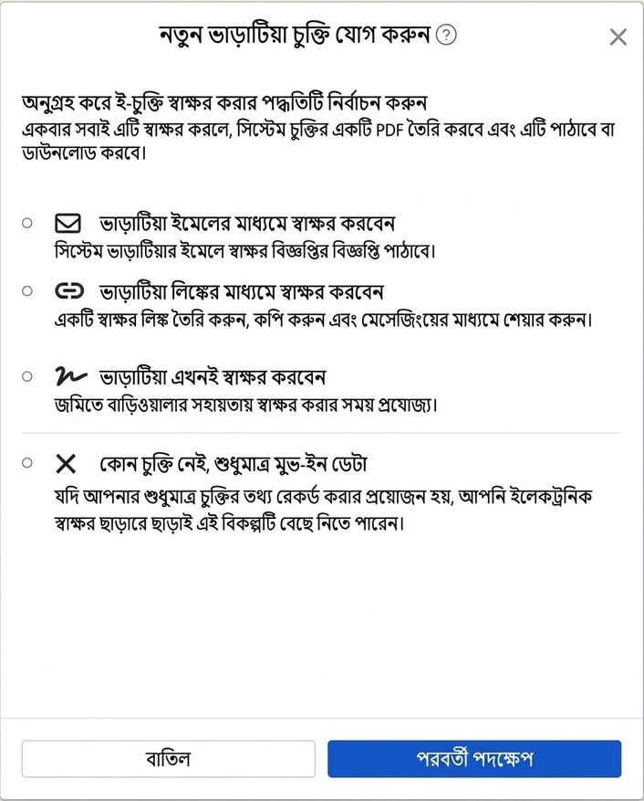 ইলেকট্রনিক চুক্তি স্বাক্ষরের পদ্ধতি নির্বাচন করুন: ইমেইল, লিঙ্ক, সরাসরি স্বাক্ষর অথবা চুক্তি স্বাক্ষর নয়