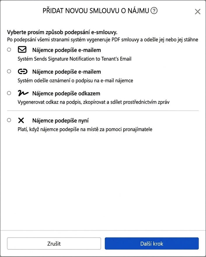 Vyberte způsob elektronického podpisu smlouvy: E-mailem, odkazem, na místě nebo bez podpisu