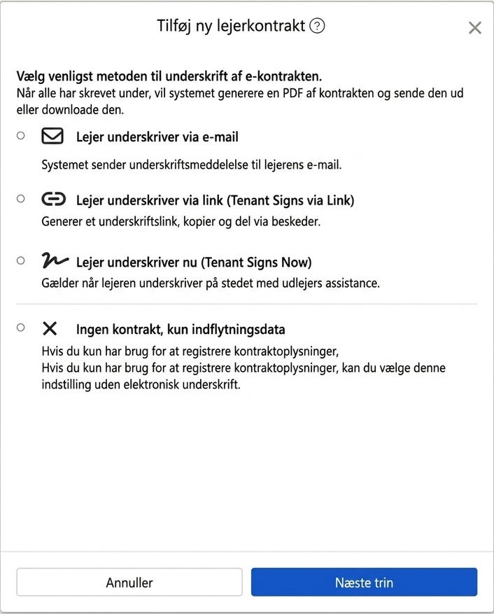 Vælg metode for elektronisk kontraktunderskrift: Email, link, personlig underskrift eller ingen underskrift