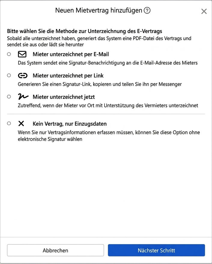 Wählen Sie die Methode zur elektronischen Vertragsunterzeichnung: E-Mail, Link, vor Ort oder keine Unterzeichnung.