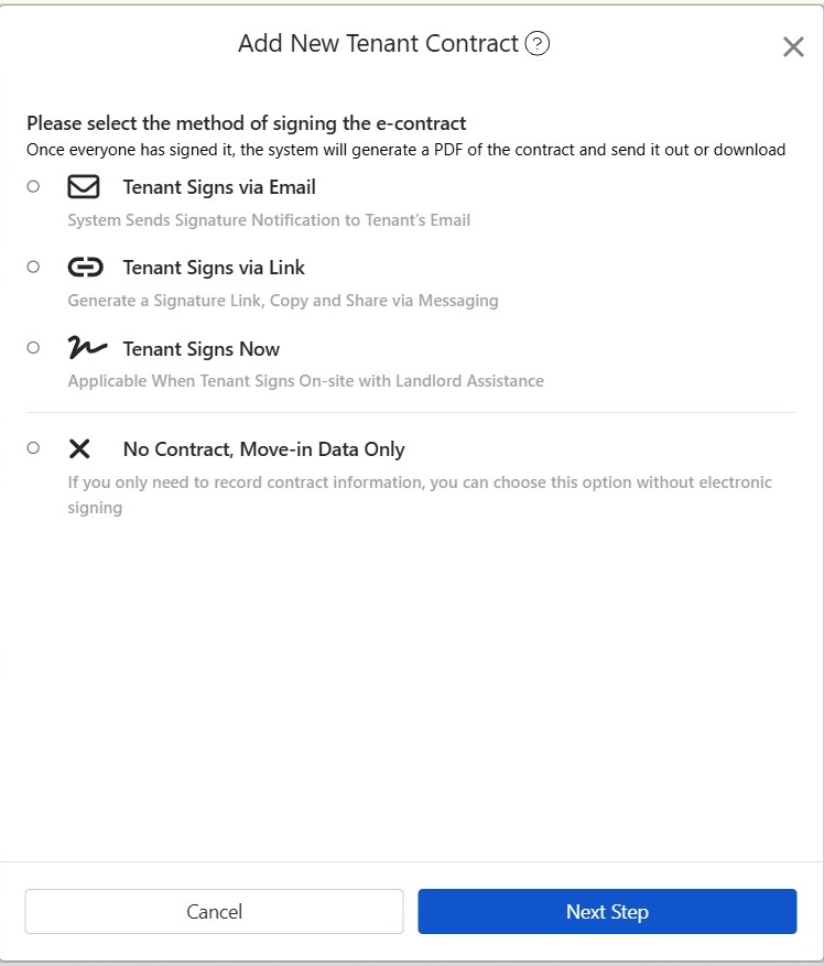 Choose e-contract signing method: Email, Link, In-Person, or No Contract