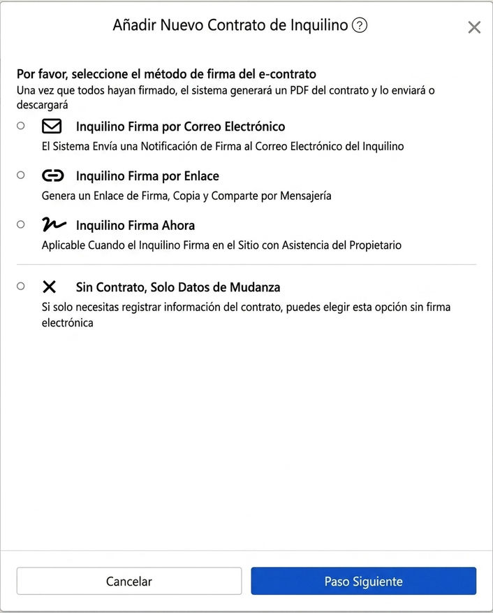 Elija método de firma de contrato electrónico: Email, enlace, en persona o no firmar