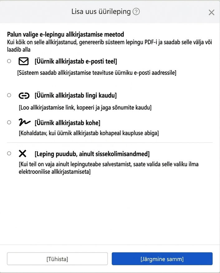 Valige digitaalse lepingu allkirjastamise viis: E-post, link, kohapealne allkiri või mitte allkirjastada