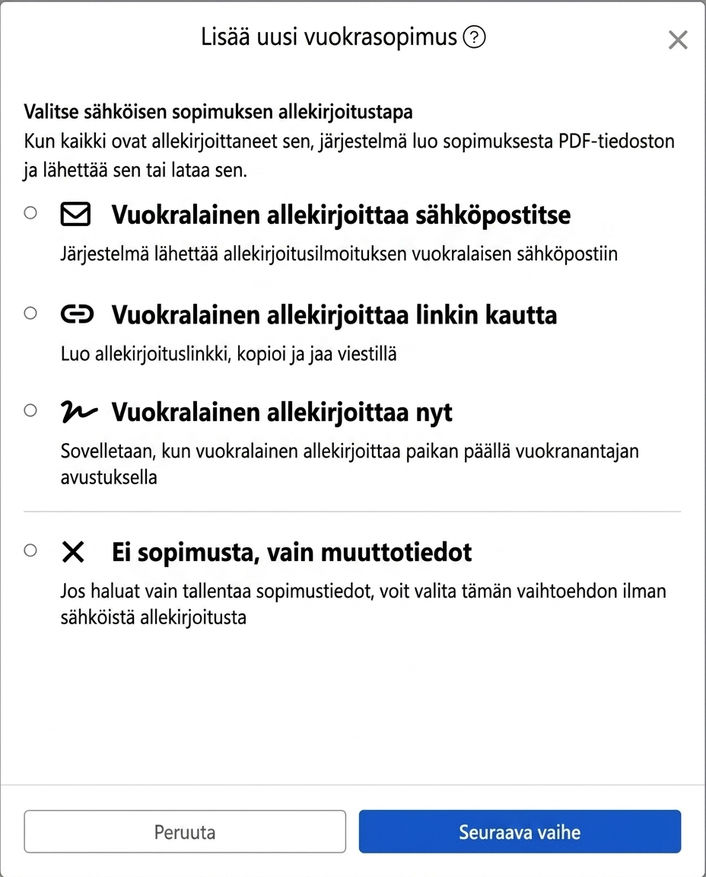 Valitse sähköisen sopimuksen allekirjoitustapa: Sähköposti, linkki, paikan päällä allekirjoitus tai ei allekirjoitusta