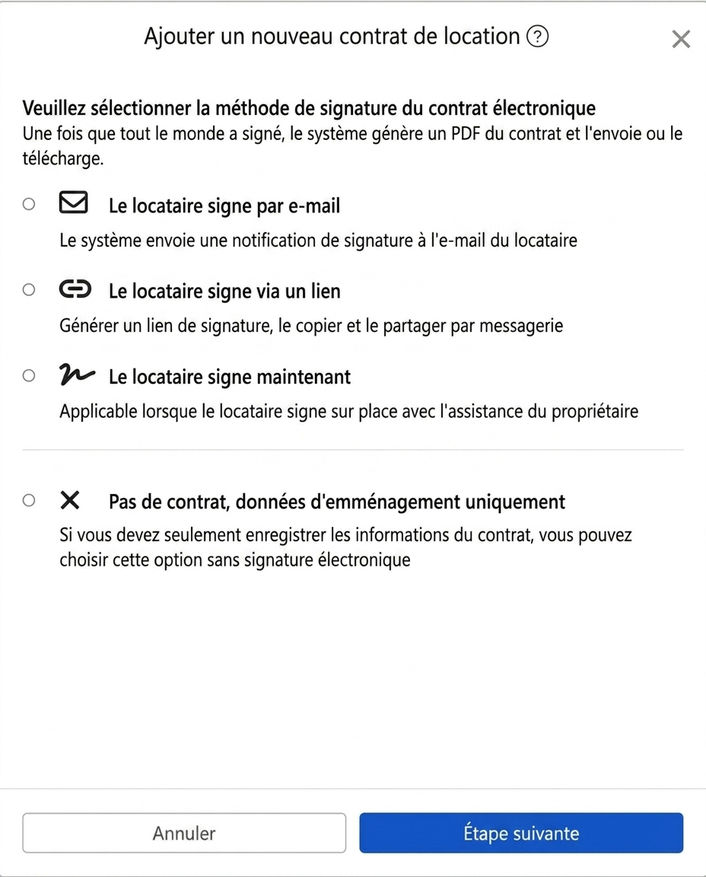 Choisissez le mode de signature électronique du contrat : Email, lien, signature sur place ou pas de signature
