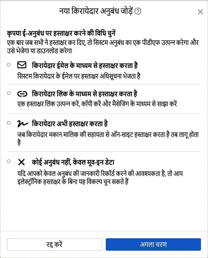 ई-संविदा हस्ताक्षर विधि चुनें: ईमेल, लिंक, प्रत्यक्ष हस्ताक्षर या बिना हस्ताक्षर के