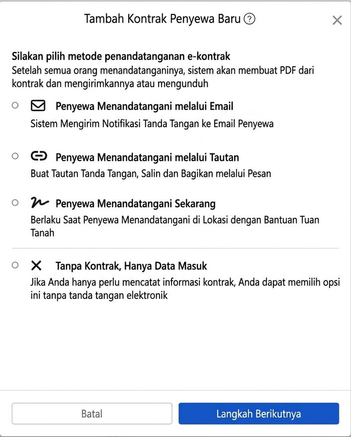 Pilih metode penandatanganan kontrak elektronik: Email, tautan, tandatangan di tempat, atau tidak menandatangani