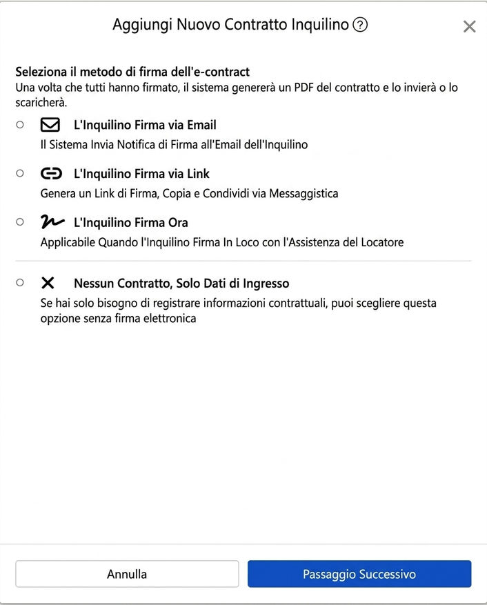 Seleziona il metodo di firma del contratto: Email, link, firma sul posto o nessuna firma