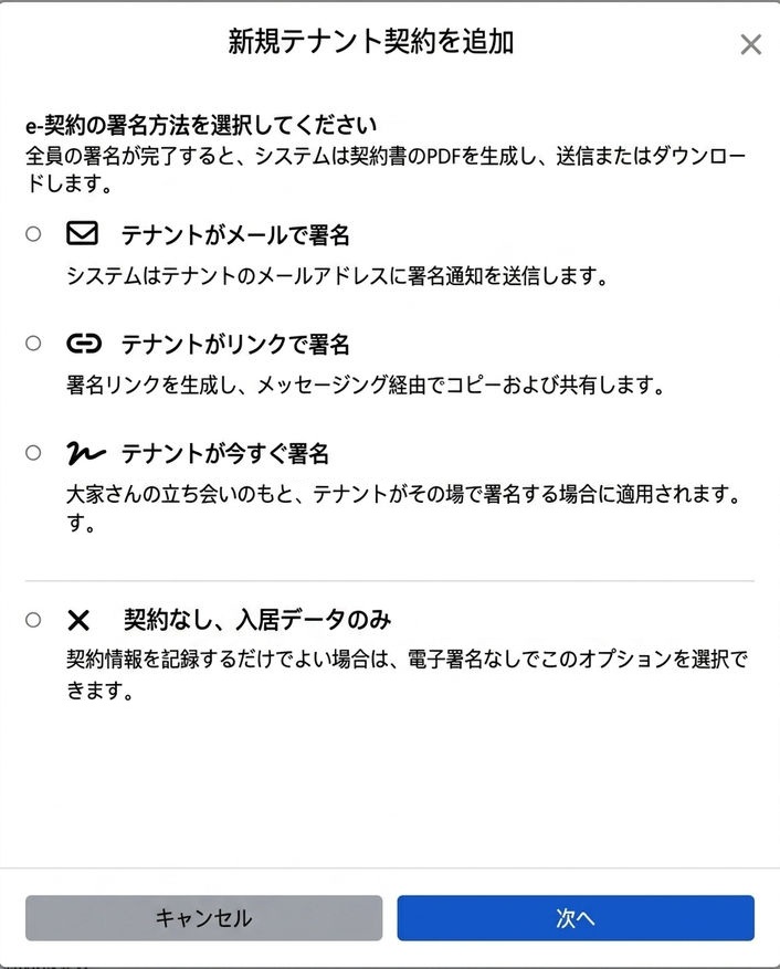 電子契約の署名方法を選択：Email、リンク、現場での署名、契約なし