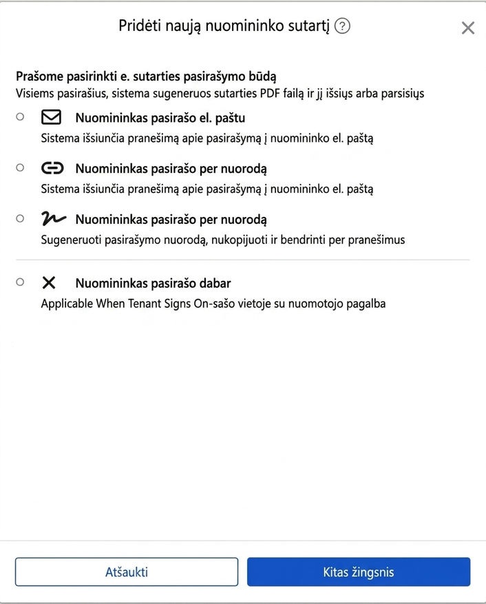 Pasirinkite elektroninio sutarties pasirašymo būdą: El. paštu, nuoroda, vietoje arba be sutarties