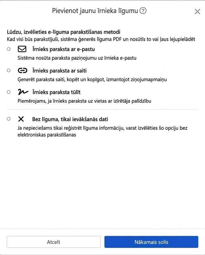 Izvēlieties elektroniskā līguma parakstīšanas veidu: Email, saite, klātienē vai bez līguma