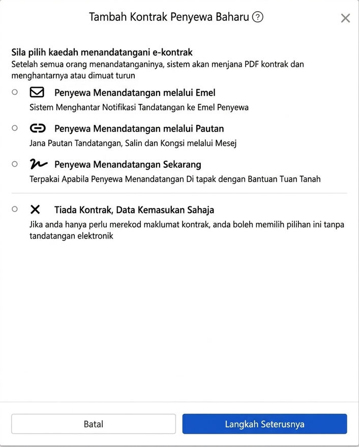 Pilih kaedah tandatangan e-kontrak: Email, pautan, tandatangan di tempat atau tiada kontrak