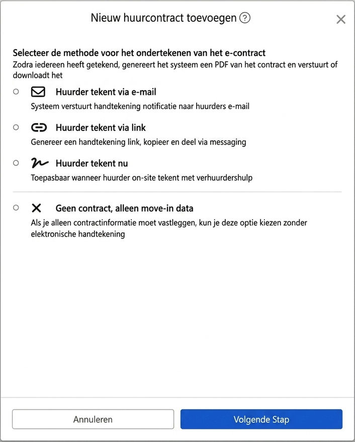 Kies elektronische ondertekeningsoptie: E-mail, link, persoonlijk ondertekenen of niet ondertekenen