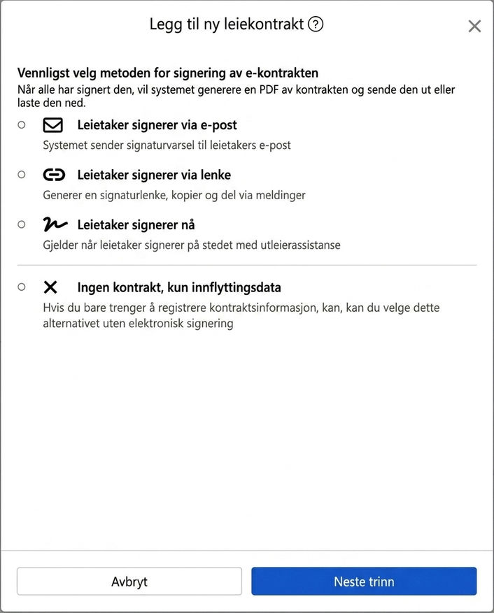 Velg signeringsmetode for e-kontrakten: E-post, lenke, på stedet eller ingen kontrakt