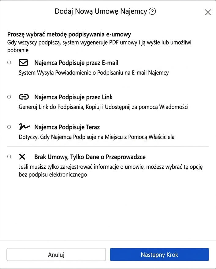 Wybierz sposób podpisania umowy: Email, link, na miejscu lub brak umowy