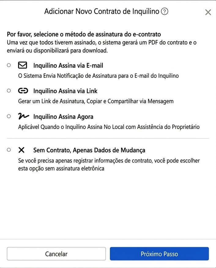Escolha o método de assinatura do contrato eletrônico: Email, link, assinatura presencial ou sem contrato