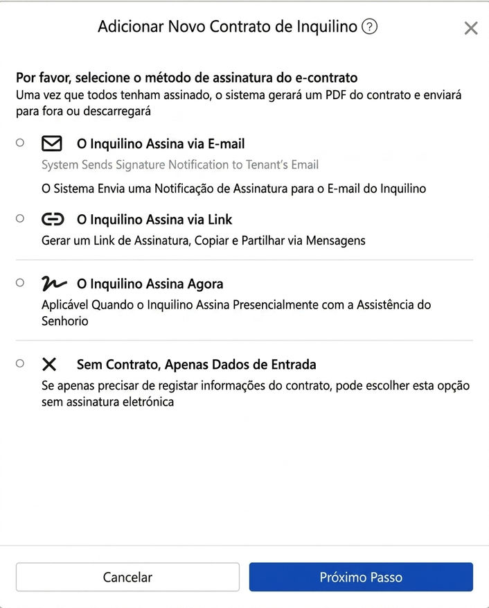 Escolher método de assinatura de contrato eletrónico: Email, link, assinatura presencial ou sem contrato