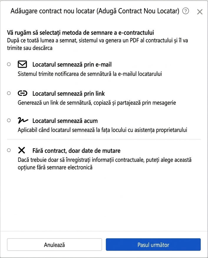 Alegeți metoda de semnare a contractului electronic: Email, link, semnare pe loc sau fără contract