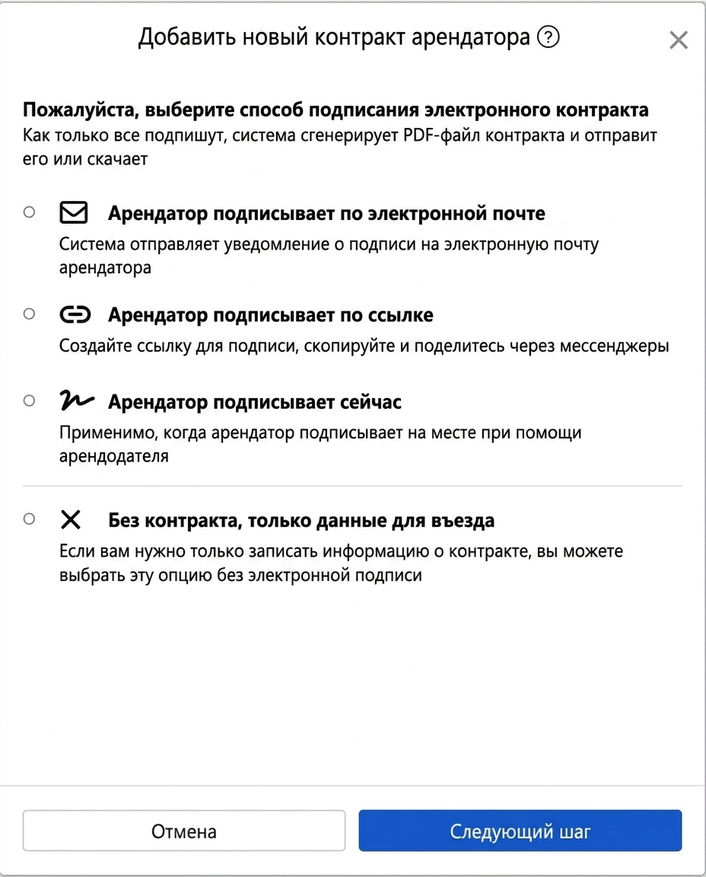 Выберите способ подписания электронного контракта: Email, ссылка, на месте или без подписания