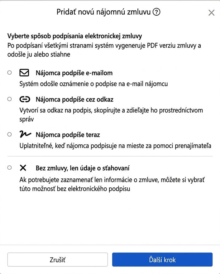 Vyberte spôsob podpisu zmluvy: Email, odkaz, osobne alebo nepodpísať