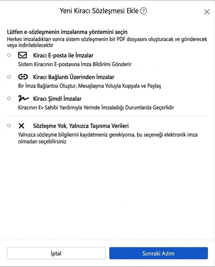Elektronik sözleşme imzalama yöntemi seçin: E-posta, bağlantı, yerinde imza veya imzalama