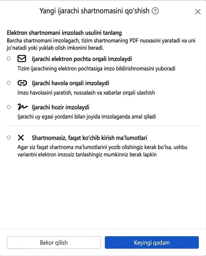 Elektron shartnoma imzolash usulini tanlang: Email, havola, o'sha yerda imzolash yoki imzolamaslik