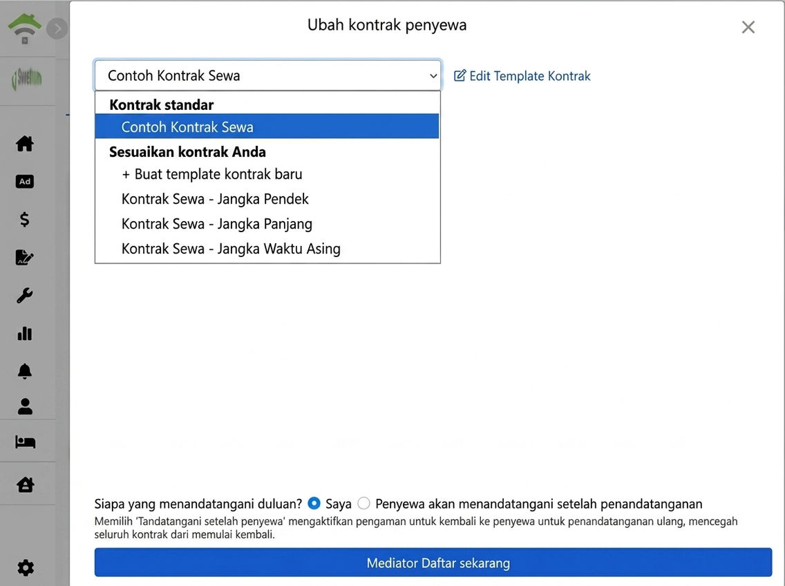 Pilih template kontrak: Template default dan kustom