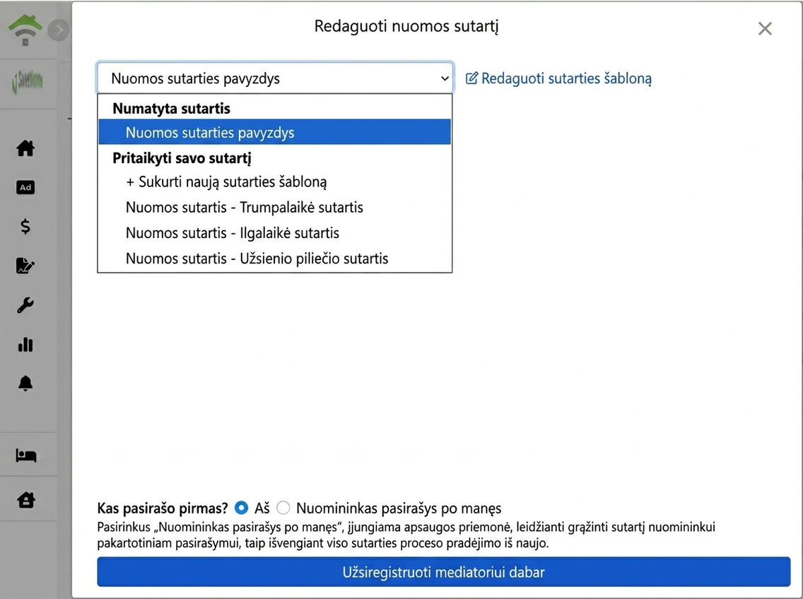 Pasirinkite sutarties šabloną: numatyti ir individualūs šablonai