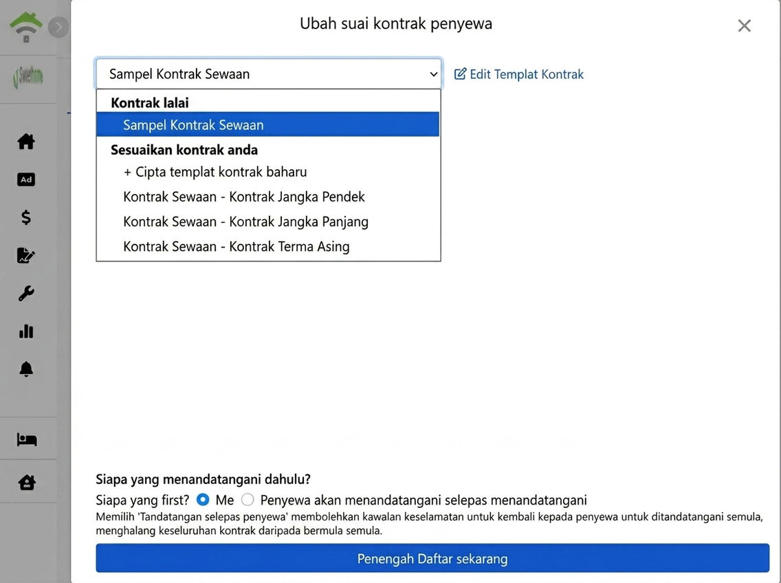 Pilih templat perjanjian: Templat lalai dan templat tersuai